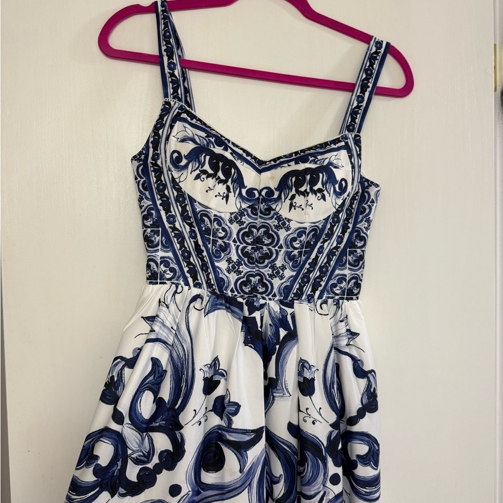 D&G inspired Blue and White Embellished Maxi Dress